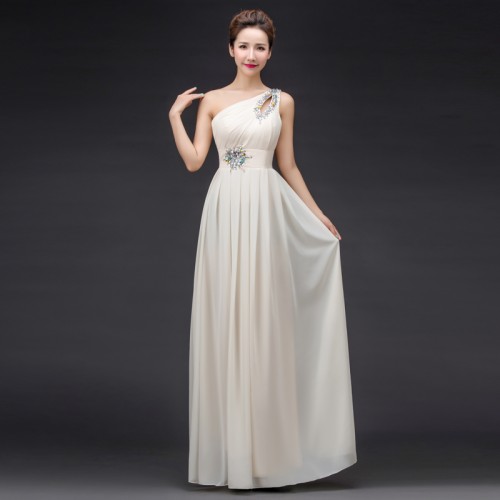 One Shoulder Champagne Chiffon Long Bridesmaid Dress RU015CH