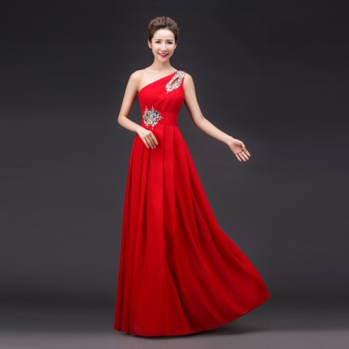 One Shoulder Red Chiffon Long Bridesmaid Dress RU015RD